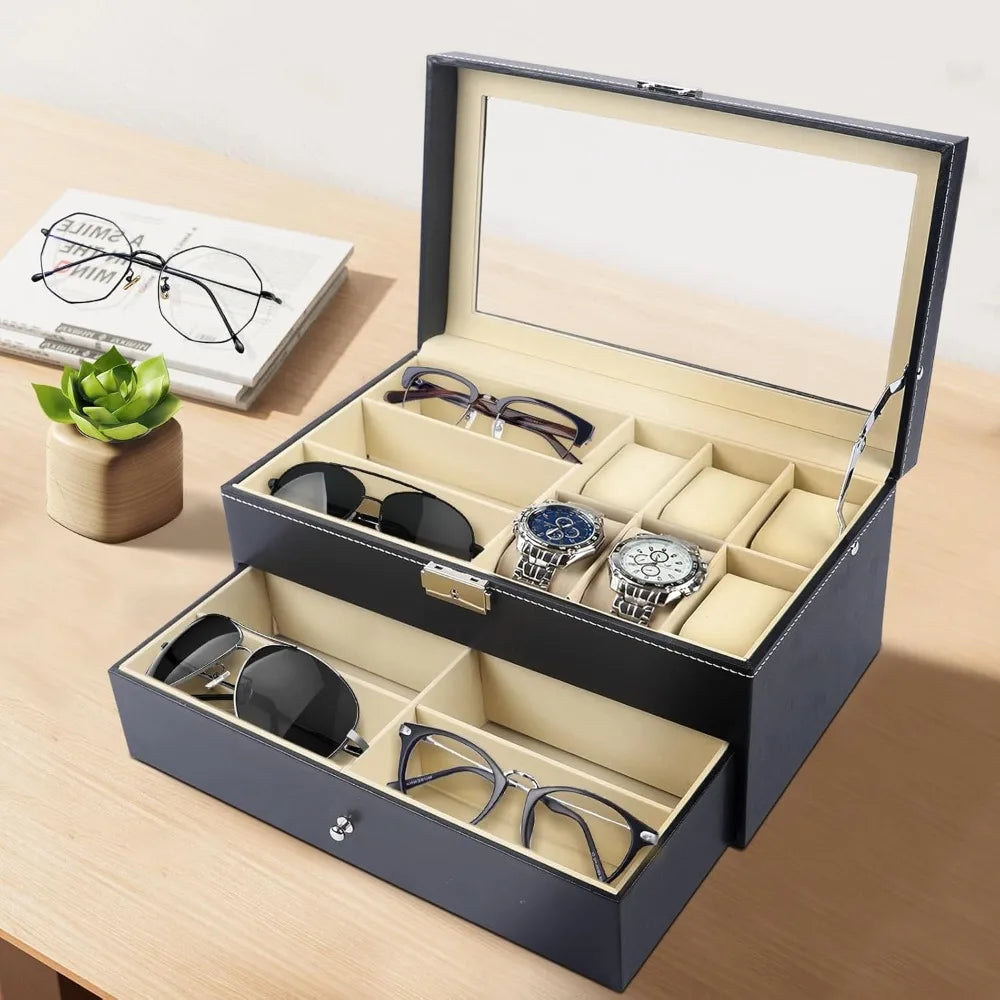 Boîte de montre en cuir noire pour hommes et femmes, avec 6 compartiments pour montres et rangement de lunettes 9 pièces, organisateur verrouillable Camara Shopping Boîte de montre en cuir noire pour hommes et femmes, avec 6 compartiments pour montres et rangement de lunettes 9 pièces, organisateur verrouillable