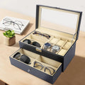 Boîte de montre en cuir noire pour hommes et femmes, avec 6 compartiments pour montres et rangement de lunettes 9 pièces, organisateur verrouillable Camara Shopping Boîte de montre en cuir noire pour hommes et femmes, avec 6 compartiments pour montres et rangement de lunettes 9 pièces, organisateur verrouillable