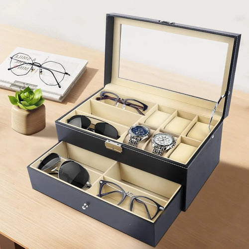 Boîte de montre en cuir noire pour hommes et femmes, avec 6 compartiments pour montres et rangement de lunettes 9 pièces, organisateur verrouillable Camara Shopping Boîte de montre en cuir noire pour hommes et femmes, avec 6 compartiments pour montres et rangement de lunettes 9 pièces, organisateur verrouillable