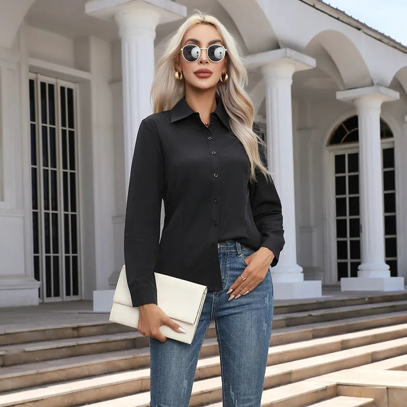 Chemise élégante pour femmes, chemisier en mousseline de soie à boutons, printemps été, décontracté, uni, manches longues, col rabattu, tuniques, chemisier OL, hauts Camara Shopping Chemise élégante pour femmes, chemisier en mousseline de soie à boutons, printemps été, décontracté, uni, manches longues, col rabattu, tuniques, chemisier OL, hauts