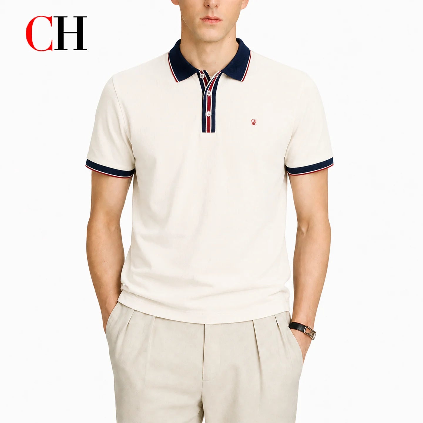 Polo à manches courtes pour homme CH, à rayures multiples, avec broderie rouge discrète sur la poitrine gauche, style Old Money, luxe discret, idéal pour les vacances en bord de mer Camara Shopping Polo à manches courtes pour homme CH, à rayures multiples, avec broderie rouge discrète sur la poitrine gauche, style Old Money, luxe discret, idéal pour les vacances en bord de mer