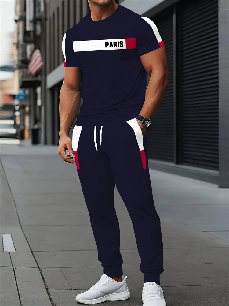 Ensemble deux pièces pour hommes, lettres imprimées, décontracté, col rond, manches courtes, cordon de serrage, pantalon Long, grande taille, tenue ample, nouvelle collection Camara Shopping Ensemble deux pièces pour hommes, lettres imprimées, décontracté, col rond, manches courtes, cordon de serrage, pantalon Long, grande taille, tenue ample, nouvelle collection