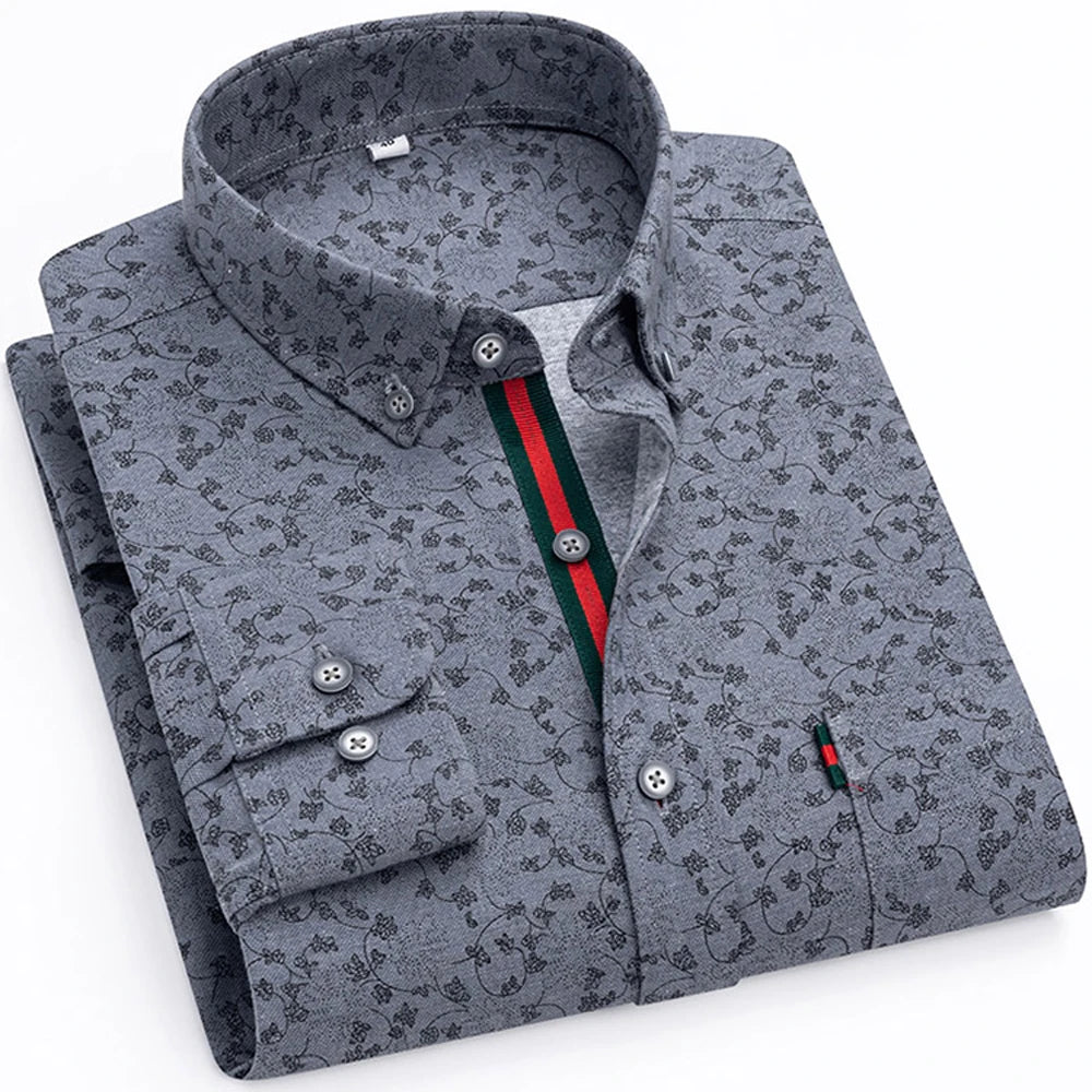 Chemise habillée élégante à col boutonné et imprimé floral pour hommes avec patte à rayures, chemises Oxford à manches longues 100% coton de style vacances Camara Shopping Chemise habillée élégante à col boutonné et imprimé floral pour hommes avec patte à rayures, chemises Oxford à manches longues 100% coton de style vacances