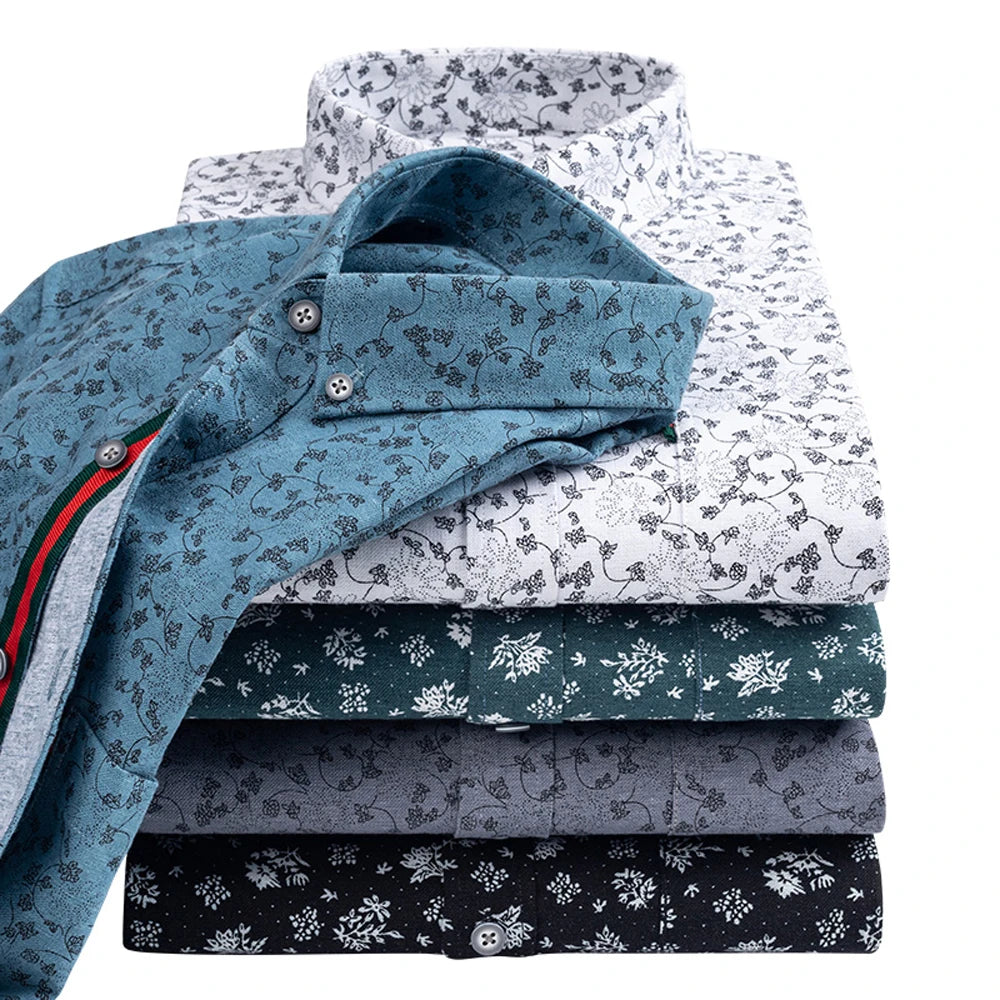 Chemise habillée élégante à col boutonné et imprimé floral pour hommes avec patte à rayures, chemises Oxford à manches longues 100% coton de style vacances Camara Shopping Chemise habillée élégante à col boutonné et imprimé floral pour hommes avec patte à rayures, chemises Oxford à manches longues 100% coton de style vacances