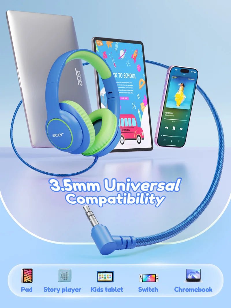 Nouveaux écouteurs filaires Acer pour enfants, design supra-auriculaire, limite de volume sécurisée 85/94 dB, prise jack 3,5 mm, écouteurs pliables pour les tout-petits, garçons et filles - Camara ShoppingNouveaux écouteurs filaires Acer pour enfants, design supra-auriculaire, limite de volume sécurisée 85/94 dB, prise jack 3,5 mm, écouteurs pliables pour les tout-petits, garçons et filles