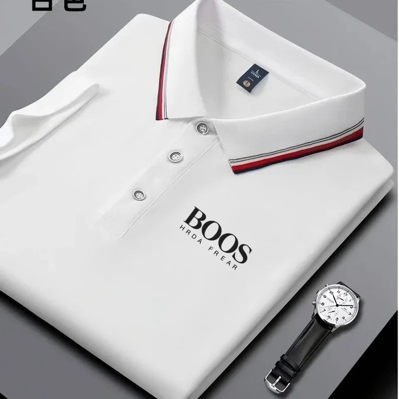 Polo homme business casual à col rayé et imprimé lettres, tissu respirant à manches courtes, matière confortable Camara Shopping Polo homme business casual à col rayé et imprimé lettres, tissu respirant à manches courtes, matière confortable