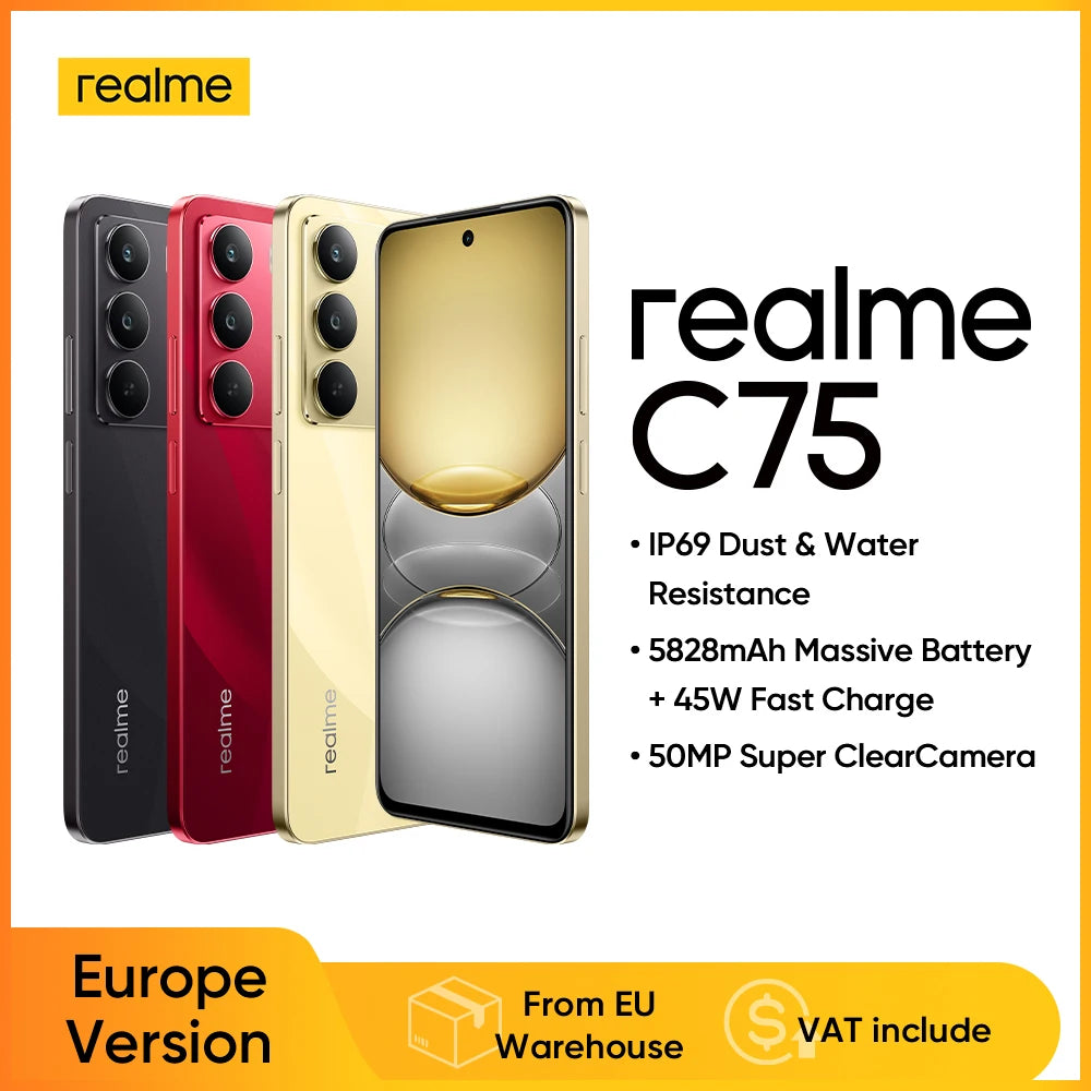 realme C75 4G European Version Smartphone Écran FHD 90 Hz de 6,72 po，Puissant chipset processeur Helio G92 Max,Batterie puissante de 5 828 mAh Camara Shopping realme C75 4G European Version Smartphone Écran FHD 90 Hz de 6,72 po，Puissant chipset processeur Helio G92 Max,Batterie puissante de 5 828 mAh