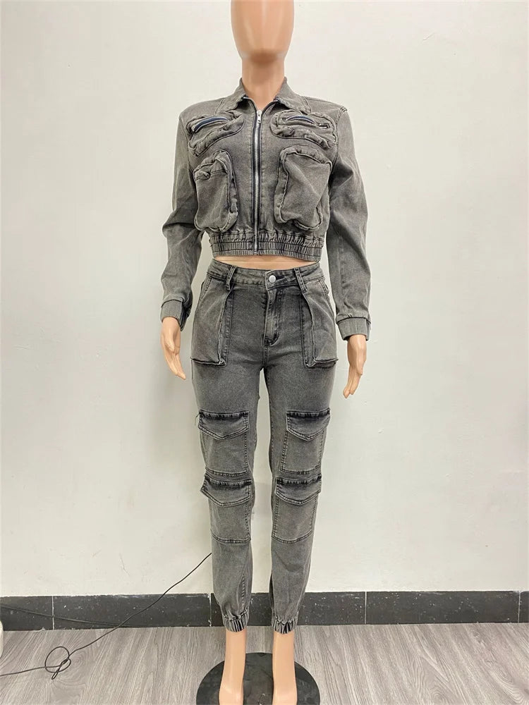 Wmstar Denim deux pièces ensemble femmes veste manteau haut jean Cargo pantalon Cool nouveau en hiver correspondant vêtements en gros livraison directe Camara Shopping Wmstar Denim deux pièces ensemble femmes veste manteau haut jean Cargo pantalon Cool nouveau en hiver correspondant vêtements en gros livraison directe