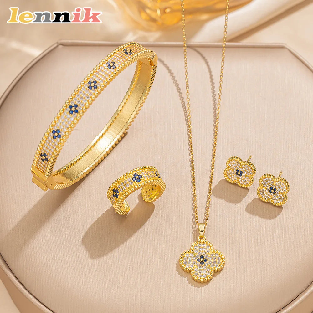 LENNIK Premium Lucky Clover luxe complet Zircon Micro pavé boucles d'oreilles collier bague ensemble, polyvalent pour le quotidien/fête, cadeau parfait Camara Shopping LENNIK Premium Lucky Clover luxe complet Zircon Micro pavé boucles d'oreilles collier bague ensemble, polyvalent pour le quotidien/fête, cadeau parfait