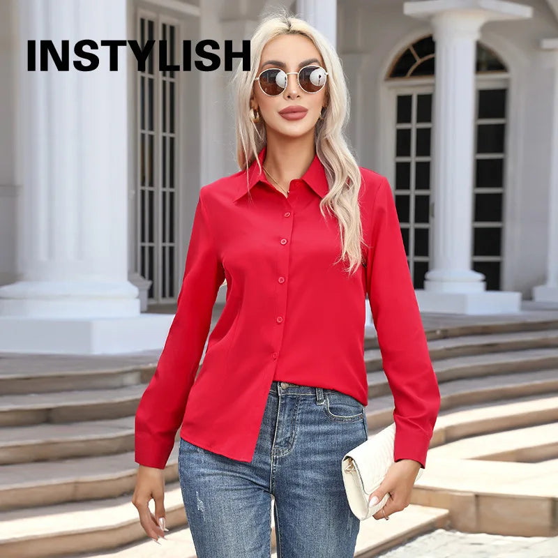 Chemise élégante pour femmes, chemisier en mousseline de soie à boutons, printemps été, décontracté, uni, manches longues, col rabattu, tuniques, chemisier OL, hauts Camara Shopping Chemise élégante pour femmes, chemisier en mousseline de soie à boutons, printemps été, décontracté, uni, manches longues, col rabattu, tuniques, chemisier OL, hauts