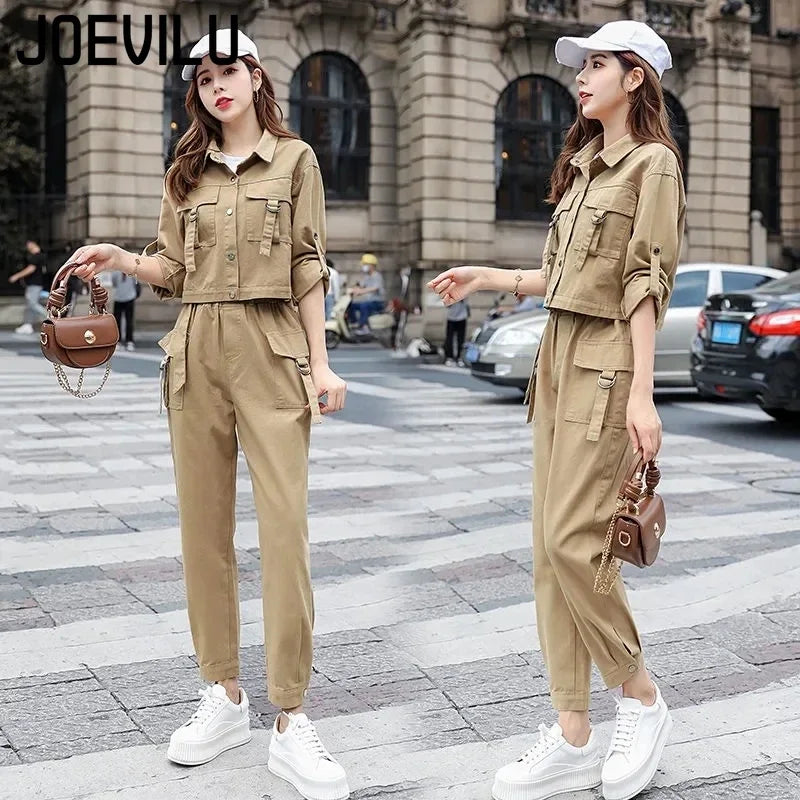 JOEVILU 2 pièces Streetwear survêtement manteau Cargo pantalons décontractés 2 pièces ensembles femmes tenues printemps et automne mode coréenne Y2k costume Camara Shopping JOEVILU 2 pièces Streetwear survêtement manteau Cargo pantalons décontractés 2 pièces ensembles femmes tenues printemps et automne mode coréenne Y2k costume
