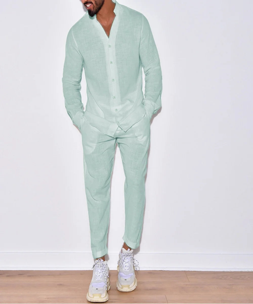 Costume décontracté en coton et lin pour hommes, chemise confortable en lin de couleur unie à col montant, ample de rue à manches longues, deux pièces Camara Shopping Costume décontracté en coton et lin pour hommes, chemise confortable en lin de couleur unie à col montant, ample de rue à manches longues, deux pièces