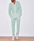 Costume décontracté en coton et lin pour hommes, chemise confortable en lin de couleur unie à col montant, ample de rue à manches longues, deux pièces Camara Shopping Costume décontracté en coton et lin pour hommes, chemise confortable en lin de couleur unie à col montant, ample de rue à manches longues, deux pièces