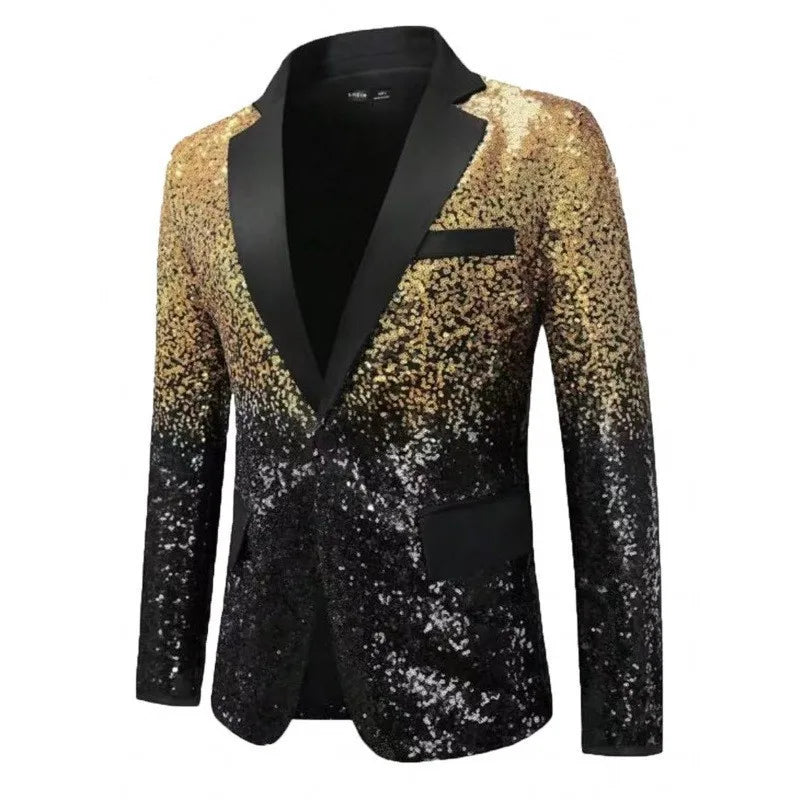 Veste de smoking à paillettes brillantes pour hommes – Dégradé bleu royal et or, revers noir, vêtements de fête/mariage/scène formel ‌   Manteau. Camara Shopping Veste de smoking à paillettes brillantes pour hommes – Dégradé bleu royal et or, revers noir, vêtements de fête/mariage/scène formel ‌   Manteau.