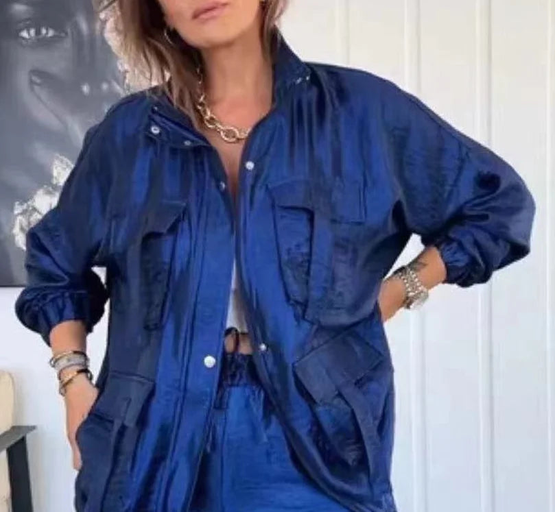 Ensemble deux pièces métallisé pour femme, pantalon cargo adt, jambe large, assressenti, tenues de rue, monochrome, mode printemps et automne, 2 pièces Camara Shopping Ensemble deux pièces métallisé pour femme, pantalon cargo adt, jambe large, assressenti, tenues de rue, monochrome, mode printemps et automne, 2 pièces