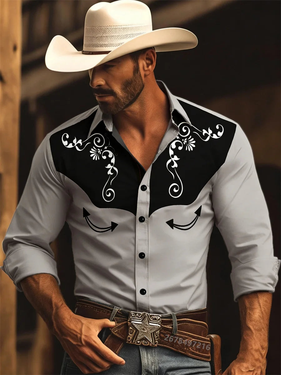 Nouvelle chemise à manches longues pour homme, style western cowboy, chemise à motif vintage imprimé, chemise à manches longues à col tendance pour homme. Camara Shopping Nouvelle chemise à manches longues pour homme, style western cowboy, chemise à motif vintage imprimé, chemise à manches longues à col tendance pour homme.