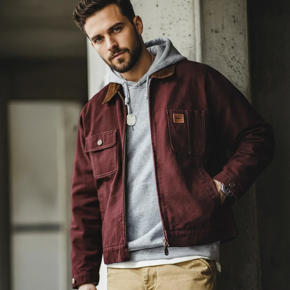 Maden rétro lourd toile Detroit veste col en velours côtelé chasse courte veste zippée avec poches hommes vêtements d'extérieur d'automne Camara Shopping Maden rétro lourd toile Detroit veste col en velours côtelé chasse courte veste zippée avec poches hommes vêtements d'extérieur d'automne