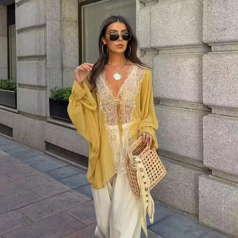 Chemises pour femmes, mode estivale, chemise en dentelle à empiècements, chemises décontractées amples pour femmes, chemisiers féminins, tops chics Camara Shopping Chemises pour femmes, mode estivale, chemise en dentelle à empiècements, chemises décontractées amples pour femmes, chemisiers féminins, tops chics