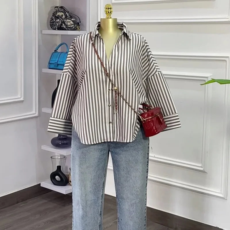 Chemisiers femmes chemise col rabattu manches longues hauts rayé Y2k Streetwear élégant épissure chemises décontracté travail ample 2025 automne Camara Shopping Chemisiers femmes chemise col rabattu manches longues hauts rayé Y2k Streetwear élégant épissure chemises décontracté travail ample 2025 automne