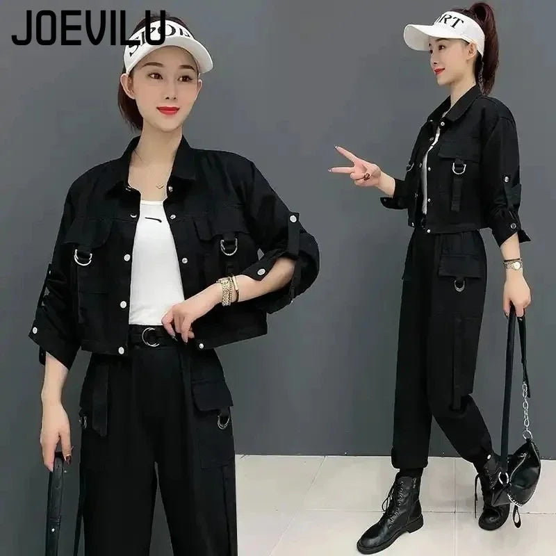JOEVILU 2 pièces Streetwear survêtement manteau Cargo pantalons décontractés 2 pièces ensembles femmes tenues printemps et automne mode coréenne Y2k costume Camara Shopping JOEVILU 2 pièces Streetwear survêtement manteau Cargo pantalons décontractés 2 pièces ensembles femmes tenues printemps et automne mode coréenne Y2k costume
