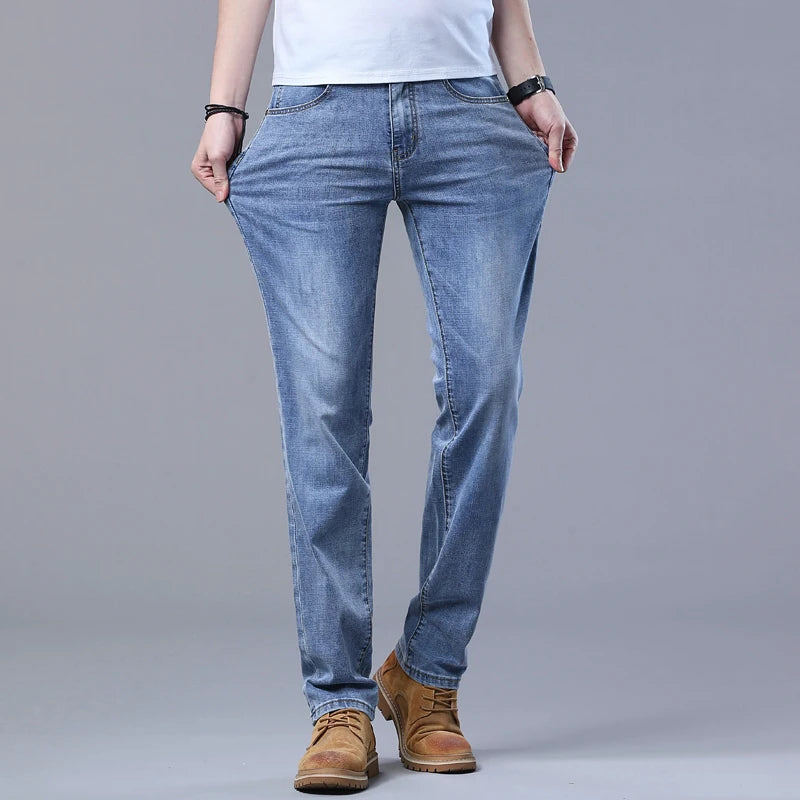 Printemps hommes bleu clair jean mince élégant décontracté tissu extensible Denim pantalon classique pantalon fumée gris Camara Shopping Printemps hommes bleu clair jean mince élégant décontracté tissu extensible Denim pantalon classique pantalon fumée gris