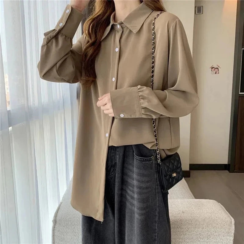 Femmes en mousseline de soie chemises blanches mode coréenne solide ample à manches longues hauts bureau dames élégant décontracté tout Match Blouses printemps nouveau Camara Shopping Femmes en mousseline de soie chemises blanches mode coréenne solide ample à manches longues hauts bureau dames élégant décontracté tout Match Blouses printemps nouveau
