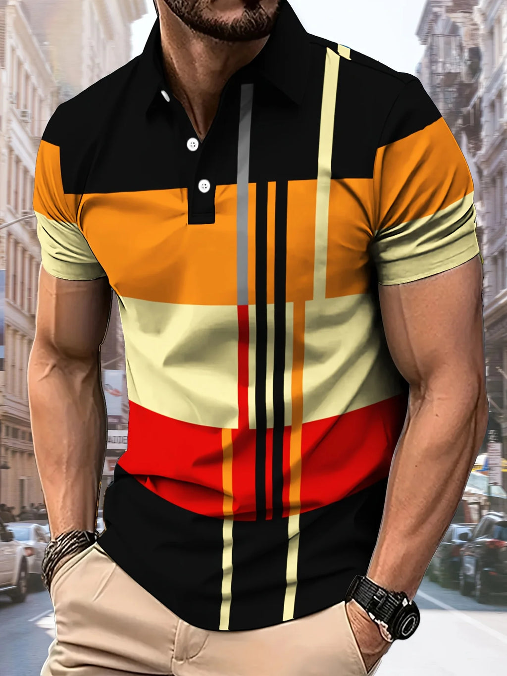 La nouvelle chemise POLO pour hommes d'été 2025 présente une impression de motifs rayés 3D décontractés, confortables et respirantes à la mode Camara Shopping La nouvelle chemise POLO pour hommes d'été 2025 présente une impression de motifs rayés 3D décontractés, confortables et respirantes à la mode