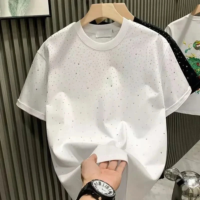 Été hommes vêtements été strass Rivet T-shirt col rond T-shirt style décontracté Version coréenne hommes manches courtes T-shirt Camara Shopping Été hommes vêtements été strass Rivet T-shirt col rond T-shirt style décontracté Version coréenne hommes manches courtes T-shirt