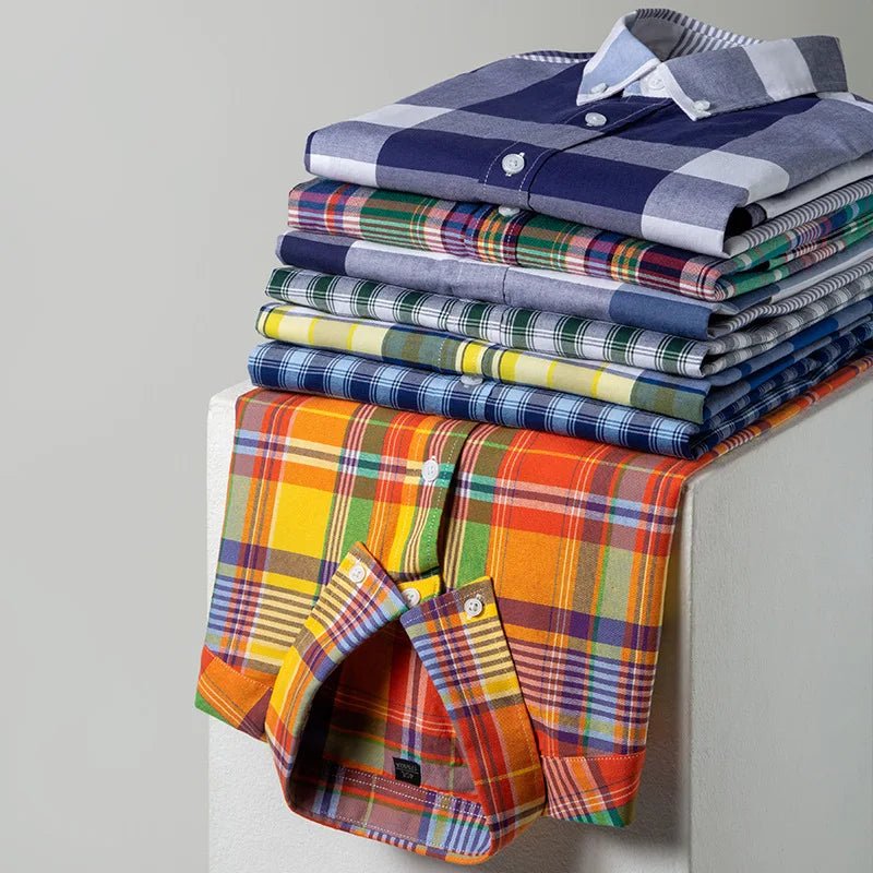 Chemises décontractées à manches longues pour hommes, coupe cintrée, uni, 100% coton, hauts à carreaux rayés, doux, styliste, mode, tendances coréennes, vêtements - Camara ShoppingChemises décontractées à manches longues pour hommes, coupe cintrée, uni, 100% coton, hauts à carreaux rayés, doux, styliste, mode, tendances coréennes, vêtements