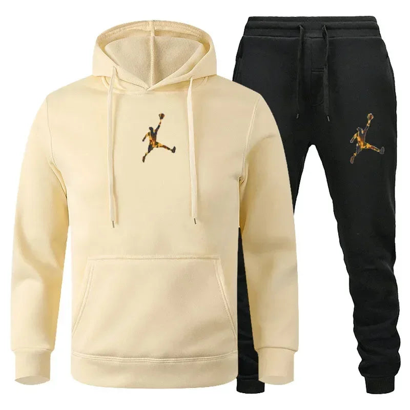 Ensemble de survêtement deux pièces imprimé uni, sweat à capuche et pantalon de jogging à revers élastiques, en maille légère, polyvalent, pour homme, streetwear et sportswear d'entraînement