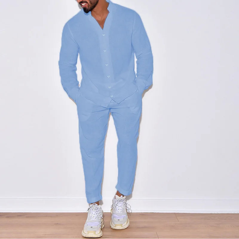Costume décontracté en coton et lin pour hommes, chemise confortable en lin de couleur unie à col montant, ample de rue à manches longues, deux pièces Camara Shopping Costume décontracté en coton et lin pour hommes, chemise confortable en lin de couleur unie à col montant, ample de rue à manches longues, deux pièces
