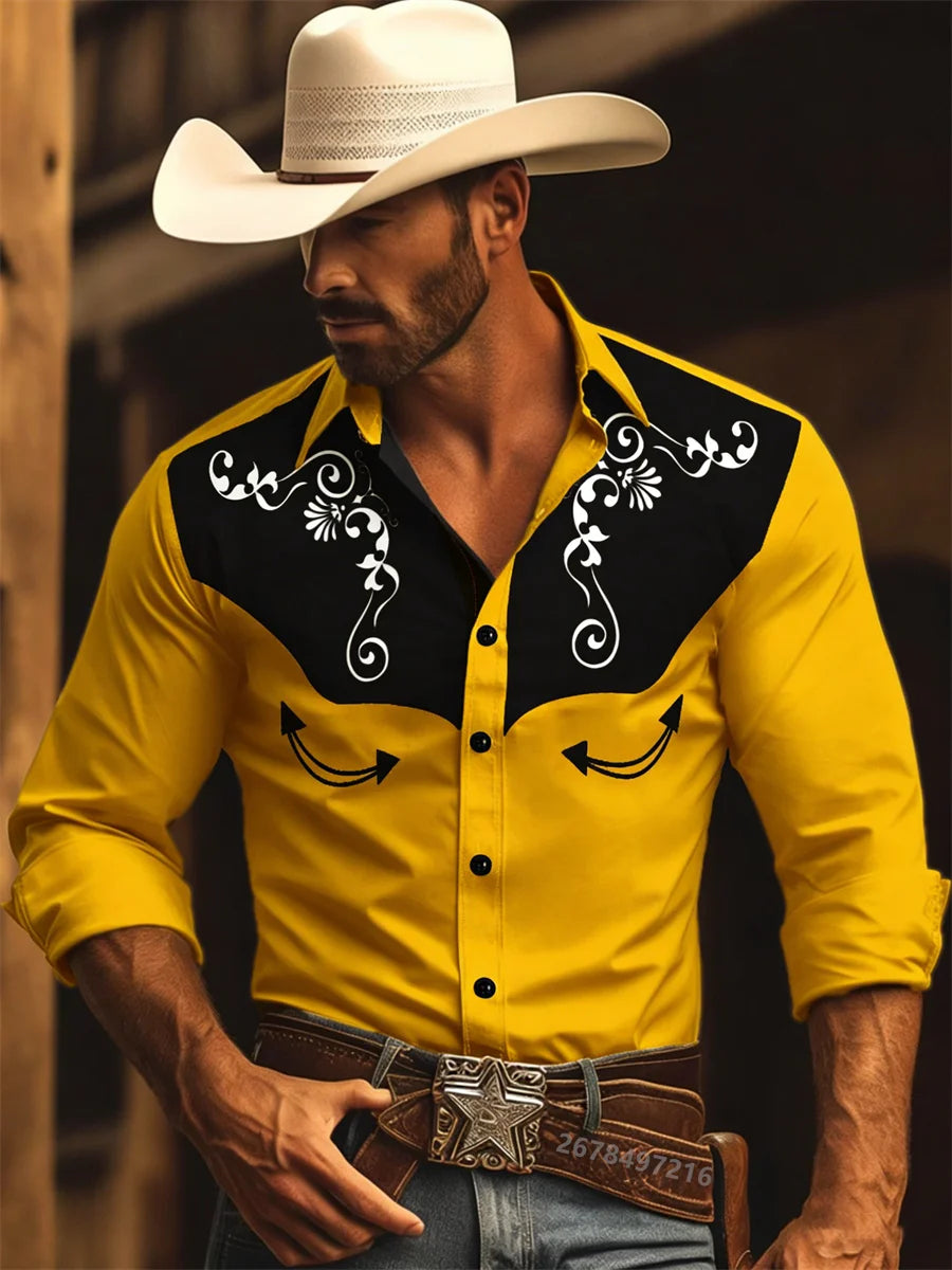 Nouvelle chemise à manches longues pour homme, style western cowboy, chemise à motif vintage imprimé, chemise à manches longues à col tendance pour homme. Camara Shopping Nouvelle chemise à manches longues pour homme, style western cowboy, chemise à motif vintage imprimé, chemise à manches longues à col tendance pour homme.