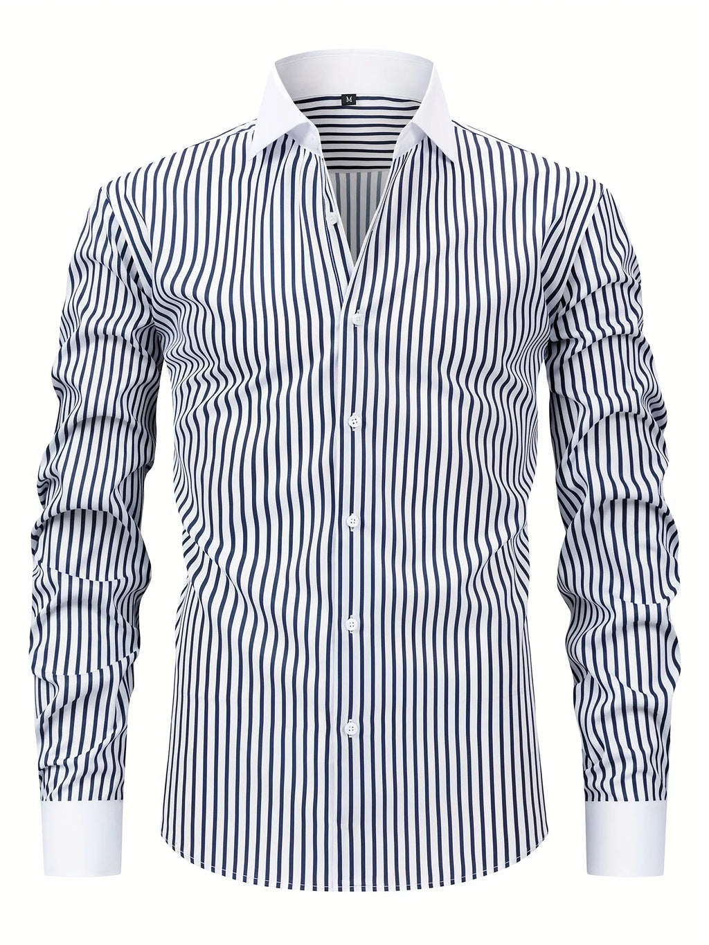 Chemise boutonnée élégante à manches longues rayée pour hommes, mélange de polyester extensible, design ajusté, parfaite pour les affaires ou les vêtements décontractés - Camara ShoppingChemise boutonnée élégante à manches longues rayée pour hommes, mélange de polyester extensible, design ajusté, parfaite pour les affaires ou les vêtements décontractés