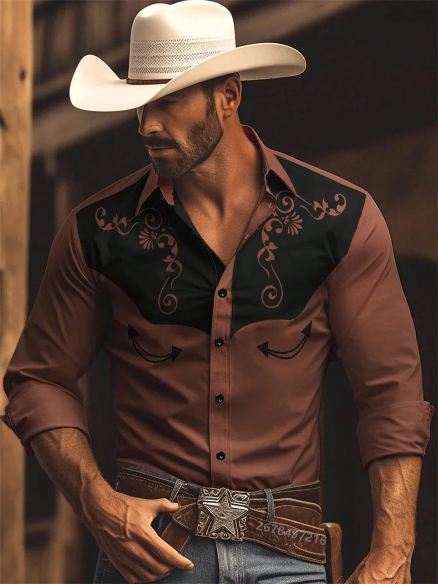 Nouvelle chemise à manches longues pour homme, style western cowboy, chemise à motif vintage imprimé, chemise à manches longues à col tendance pour homme. Camara Shopping Nouvelle chemise à manches longues pour homme, style western cowboy, chemise à motif vintage imprimé, chemise à manches longues à col tendance pour homme.