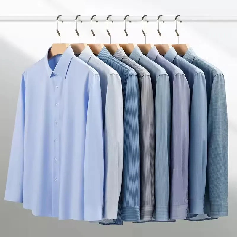 Chemises Anti-rides à rayures à carreaux pour hommes, manches longues, fines, sans repassage, lisses, vêtements quotidiens pour hommes sociaux, nouvelle collection automne printemps Camara Shopping Chemises Anti-rides à rayures à carreaux pour hommes, manches longues, fines, sans repassage, lisses, vêtements quotidiens pour hommes sociaux, nouvelle collection automne printemps