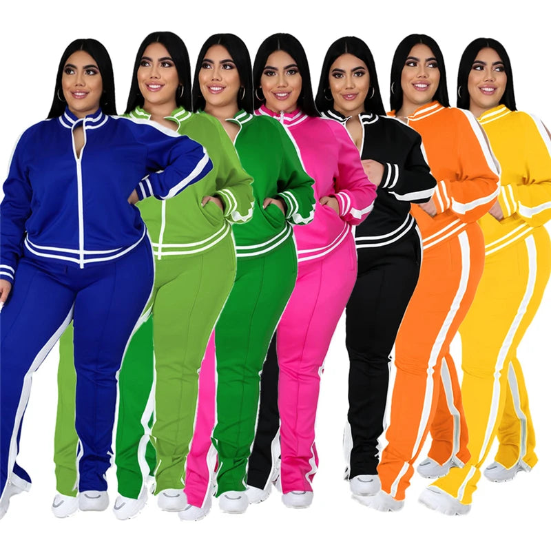 Grande taille L-5XL deux pièces ensemble femmes survêtement Zip haut rayé fente pantalons de survêtement survêtement tenue correspondant ensemble en gros livraison directe Camara Shopping Grande taille L-5XL deux pièces ensemble femmes survêtement Zip haut rayé fente pantalons de survêtement survêtement tenue correspondant ensemble en gros livraison directe