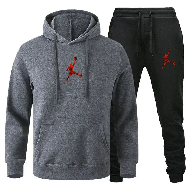 Ensemble de survêtement deux pièces imprimé uni, sweat à capuche et pantalon de jogging à revers élastiques, en maille légère, polyvalent, pour homme, streetwear et sportswear d'entraînement