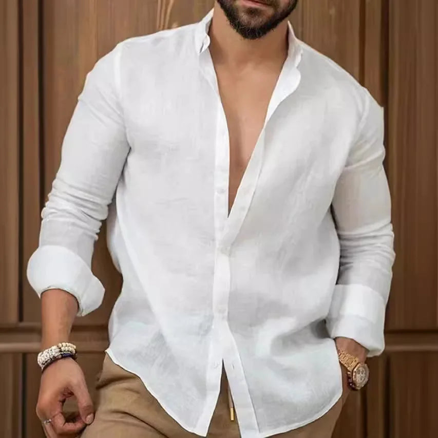 Chemise unie en coton et lin pour hommes, chemise unie, revers boutonné classique, chemises à manches longues, haut pour hommes, mode printemps et été Camara Shopping Chemise unie en coton et lin pour hommes, chemise unie, revers boutonné classique, chemises à manches longues, haut pour hommes, mode printemps et été