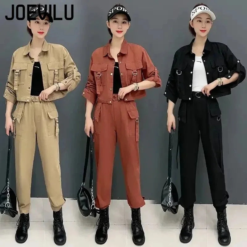 JOEVILU 2 pièces Streetwear survêtement manteau Cargo pantalons décontractés 2 pièces ensembles femmes tenues printemps et automne mode coréenne Y2k costume Camara Shopping JOEVILU 2 pièces Streetwear survêtement manteau Cargo pantalons décontractés 2 pièces ensembles femmes tenues printemps et automne mode coréenne Y2k costume