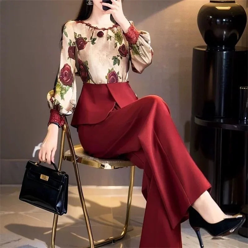Printemps automne femmes nouveau tempérament élégant Style de campagne chinois haut de gamme sentiment rouge fleur haut costume pantalon deux pièces ensemble Camara Shopping Printemps automne femmes nouveau tempérament élégant Style de campagne chinois haut de gamme sentiment rouge fleur haut costume pantalon deux pièces ensemble