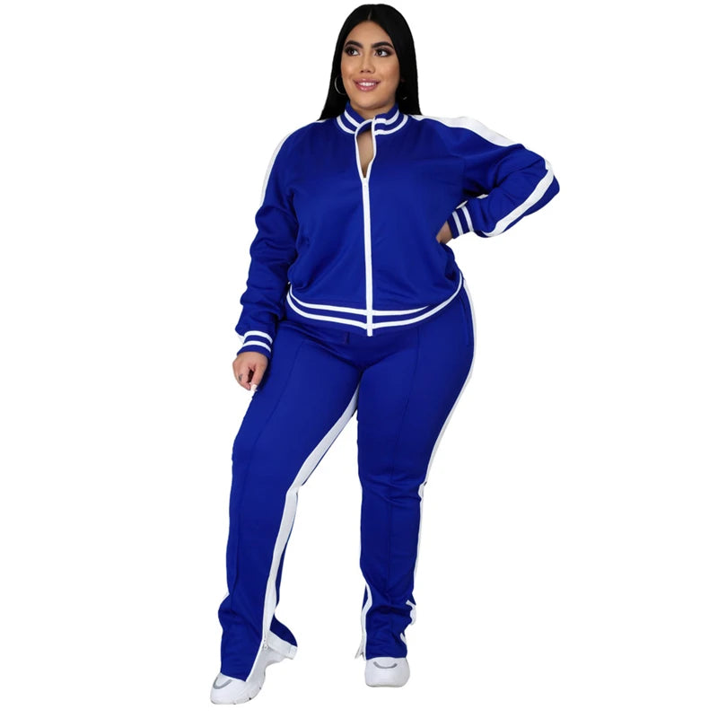 Grande taille L-5XL deux pièces ensemble femmes survêtement Zip haut rayé fente pantalons de survêtement survêtement tenue correspondant ensemble en gros livraison directe Camara Shopping Grande taille L-5XL deux pièces ensemble femmes survêtement Zip haut rayé fente pantalons de survêtement survêtement tenue correspondant ensemble en gros livraison directe