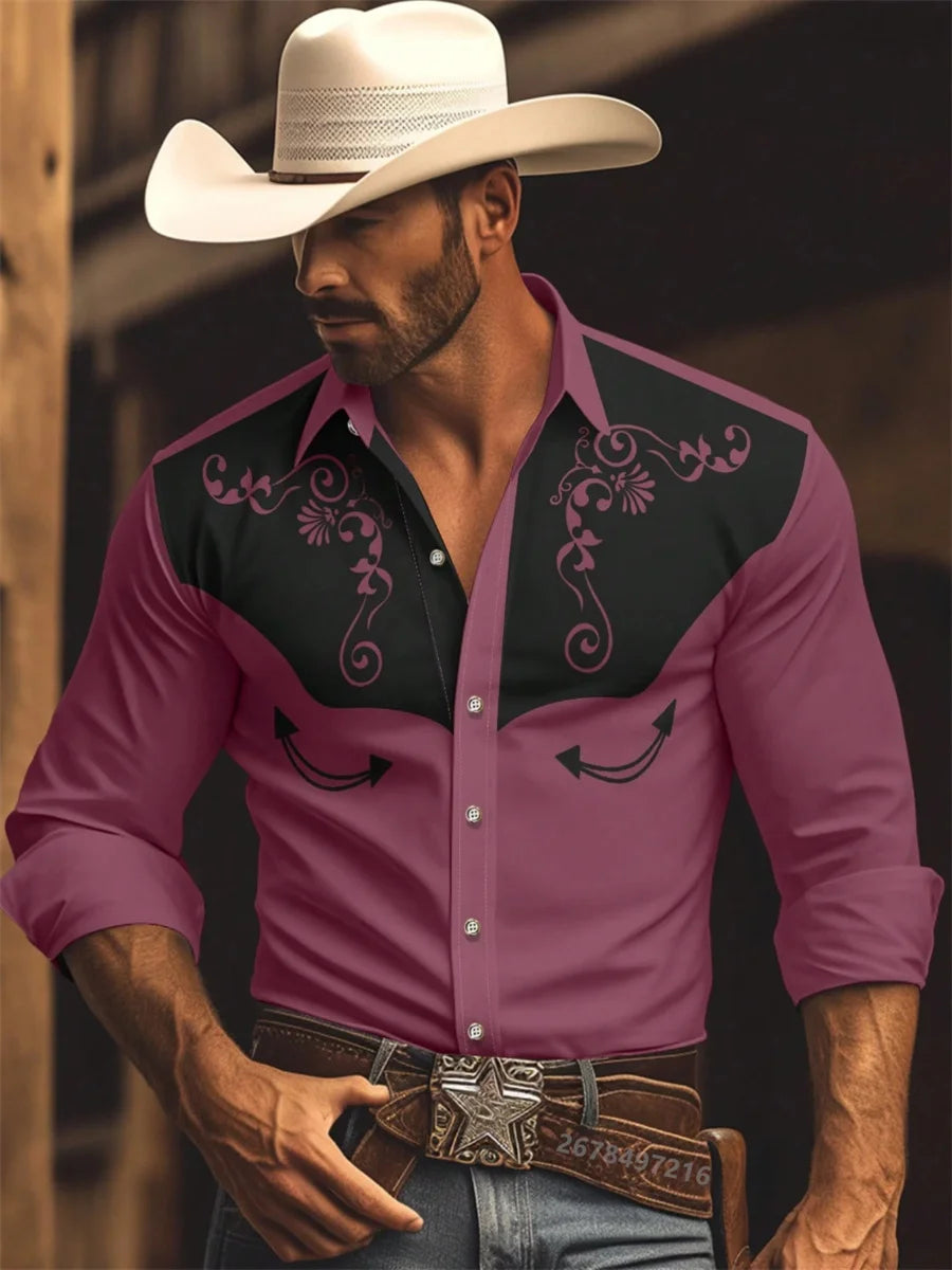 Nouvelle chemise à manches longues pour homme, style western cowboy, chemise à motif vintage imprimé, chemise à manches longues à col tendance pour homme. Camara Shopping Nouvelle chemise à manches longues pour homme, style western cowboy, chemise à motif vintage imprimé, chemise à manches longues à col tendance pour homme.