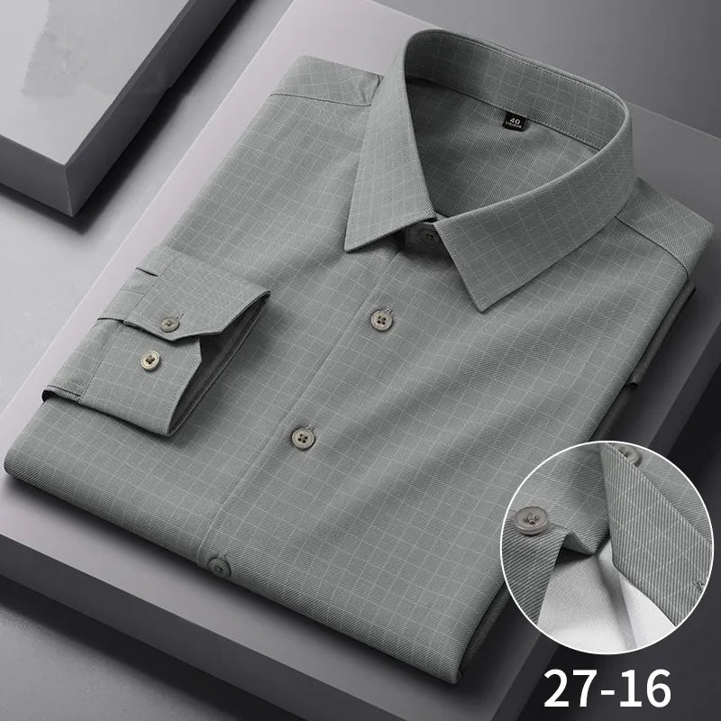 Chemises Anti-rides à rayures à carreaux pour hommes, manches longues, fines, sans repassage, lisses, vêtements quotidiens pour hommes sociaux, nouvelle collection automne printemps Camara Shopping Chemises Anti-rides à rayures à carreaux pour hommes, manches longues, fines, sans repassage, lisses, vêtements quotidiens pour hommes sociaux, nouvelle collection automne printemps