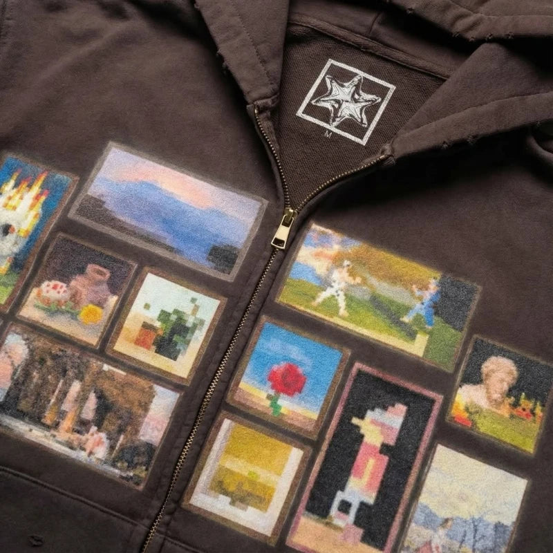 Sweat-shirt à capuche Y2K rétro marron délavé avec imprimé Pixel Paint, fermeture éclair, style streetwear tendance et vieilli, unisexe, coupe oversize Camara Shopping Sweat-shirt à capuche Y2K rétro marron délavé avec imprimé Pixel Paint, fermeture éclair, style streetwear tendance et vieilli, unisexe, coupe oversize