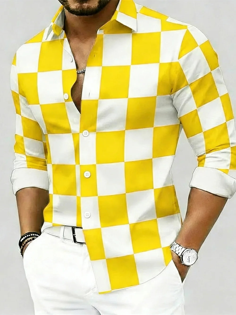 Chemise à manches longues pour homme, grande taille, col à revers, boutonnée, imprimé à carreaux haute définition, élégante et confortable Camara Shopping Chemise à manches longues pour homme, grande taille, col à revers, boutonnée, imprimé à carreaux haute définition, élégante et confortable
