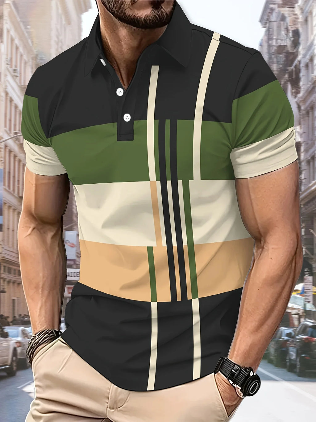 La nouvelle chemise POLO pour hommes d'été 2025 présente une impression de motifs rayés 3D décontractés, confortables et respirantes à la mode Camara Shopping La nouvelle chemise POLO pour hommes d'été 2025 présente une impression de motifs rayés 3D décontractés, confortables et respirantes à la mode
