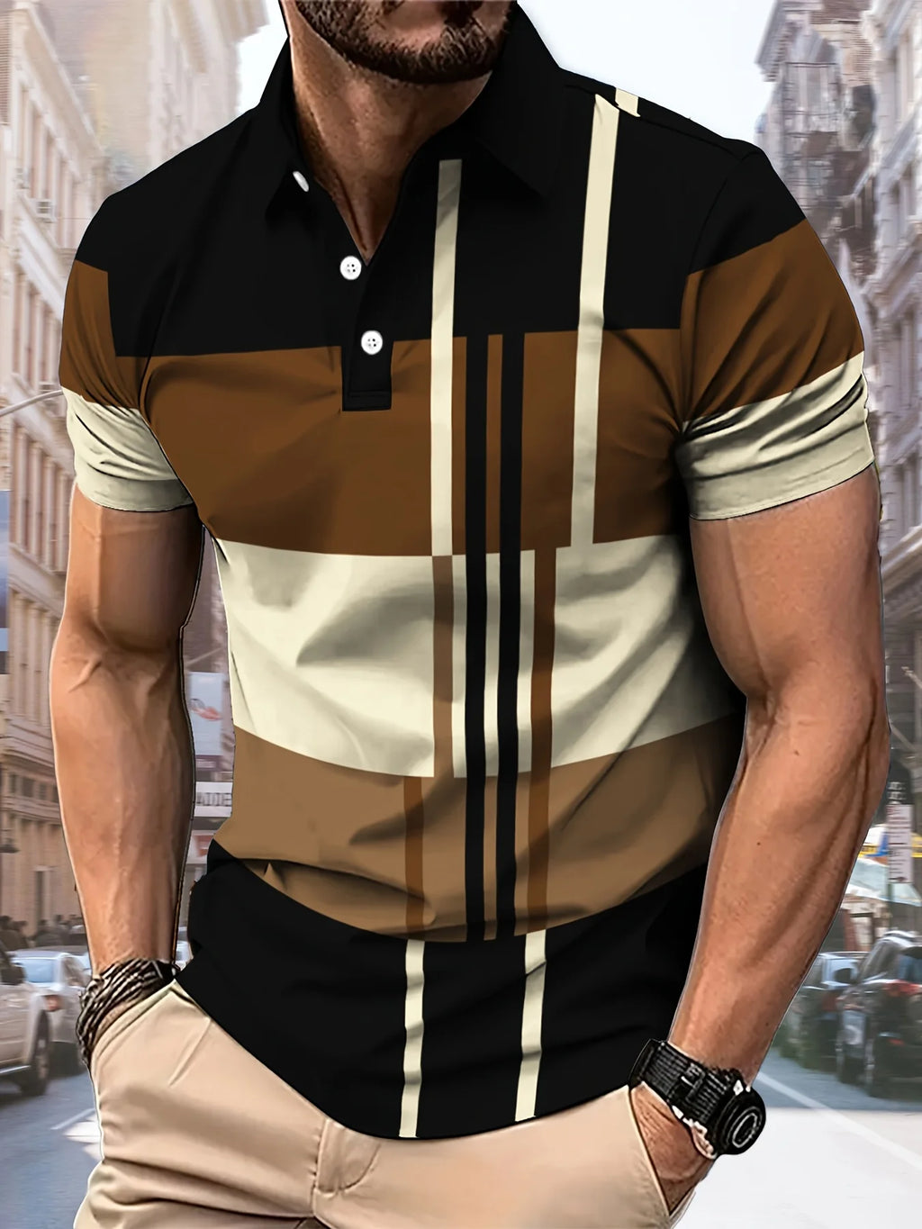 La nouvelle chemise POLO pour hommes d'été 2025 présente une impression de motifs rayés 3D décontractés, confortables et respirantes à la mode Camara Shopping La nouvelle chemise POLO pour hommes d'été 2025 présente une impression de motifs rayés 3D décontractés, confortables et respirantes à la mode