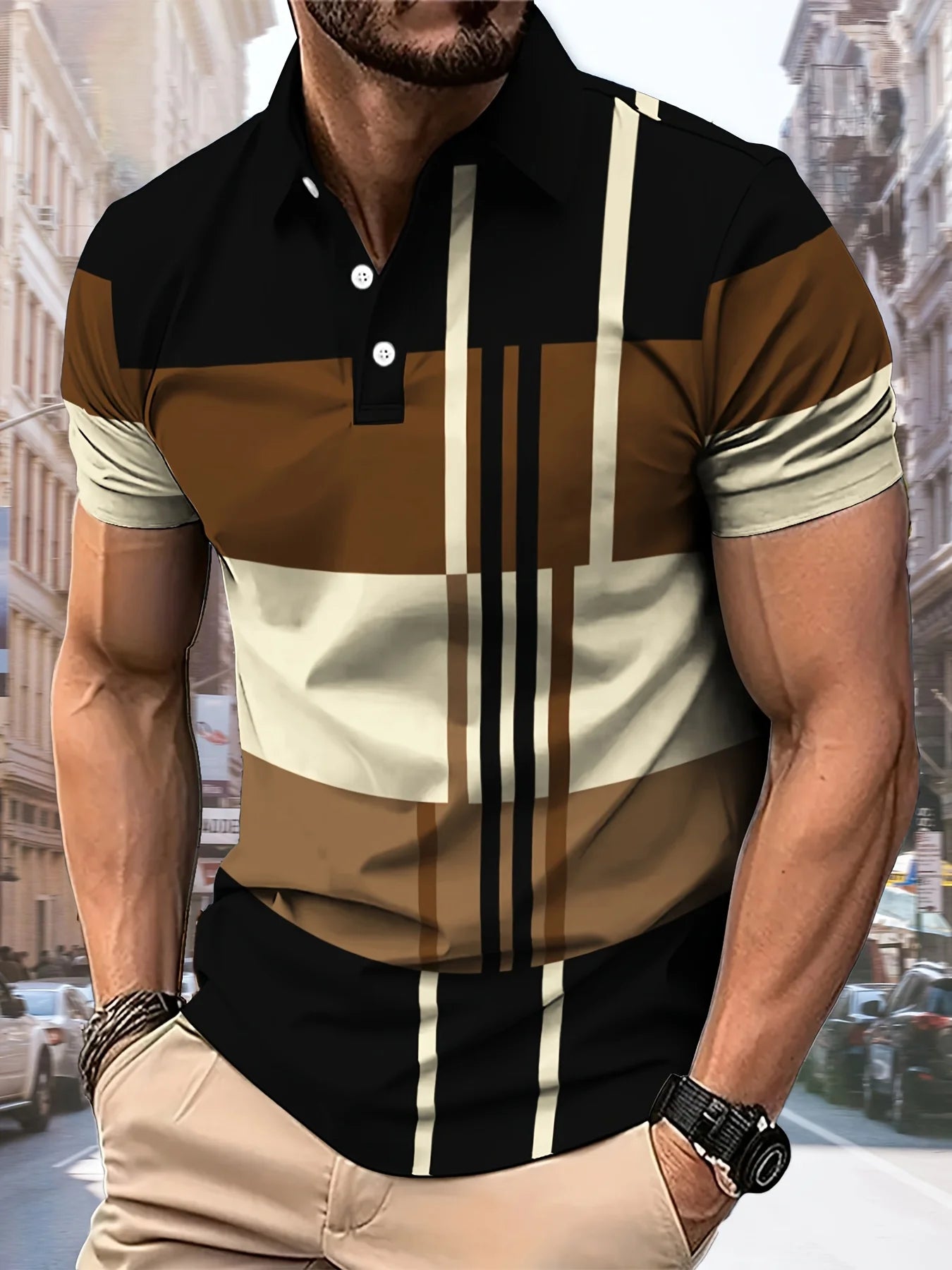 La nouvelle chemise POLO pour hommes d'été 2025 présente une impression de motifs rayés 3D décontractés, confortables et respirantes à la mode Camara Shopping La nouvelle chemise POLO pour hommes d'été 2025 présente une impression de motifs rayés 3D décontractés, confortables et respirantes à la mode