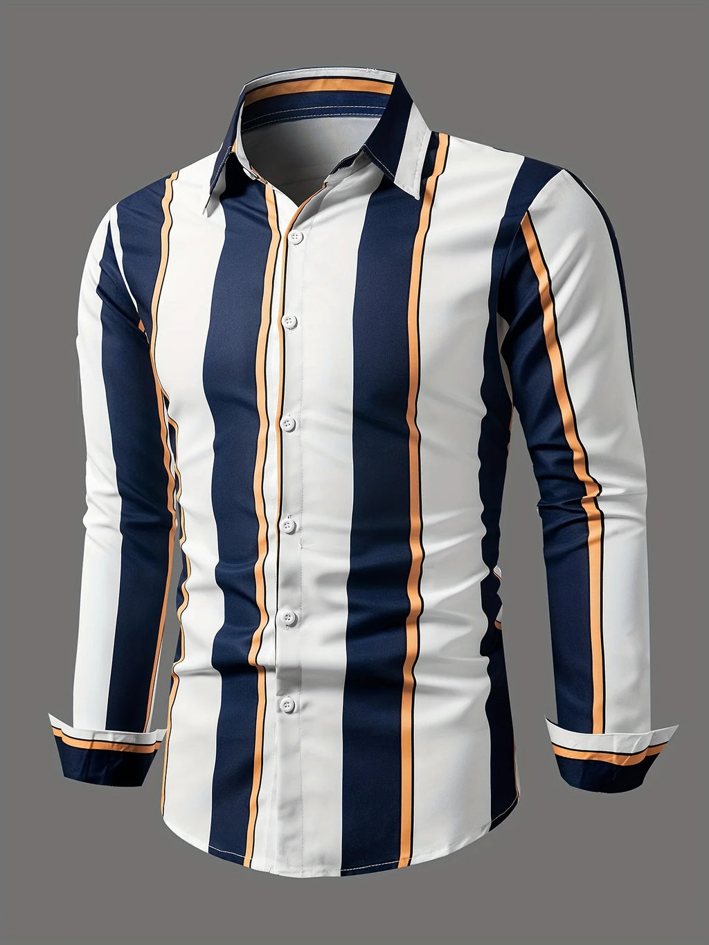 Chemise à manches longues rayée pour homme, coupe classique, couleur unie, polyester, col boutonné, tissu tissé, non extensible - Camara ShoppingChemise à manches longues rayée pour homme, coupe classique, couleur unie, polyester, col boutonné, tissu tissé, non extensible