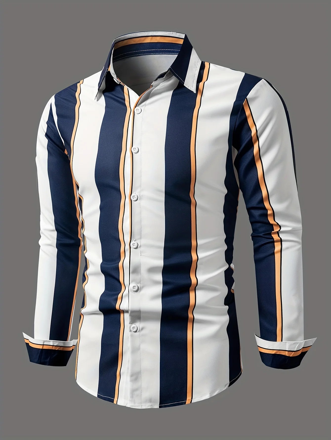 Chemise à manches longues rayée pour homme, coupe classique, couleur unie, polyester, col boutonné, tissu tissé, non extensible - Camara ShoppingChemise à manches longues rayée pour homme, coupe classique, couleur unie, polyester, col boutonné, tissu tissé, non extensible
